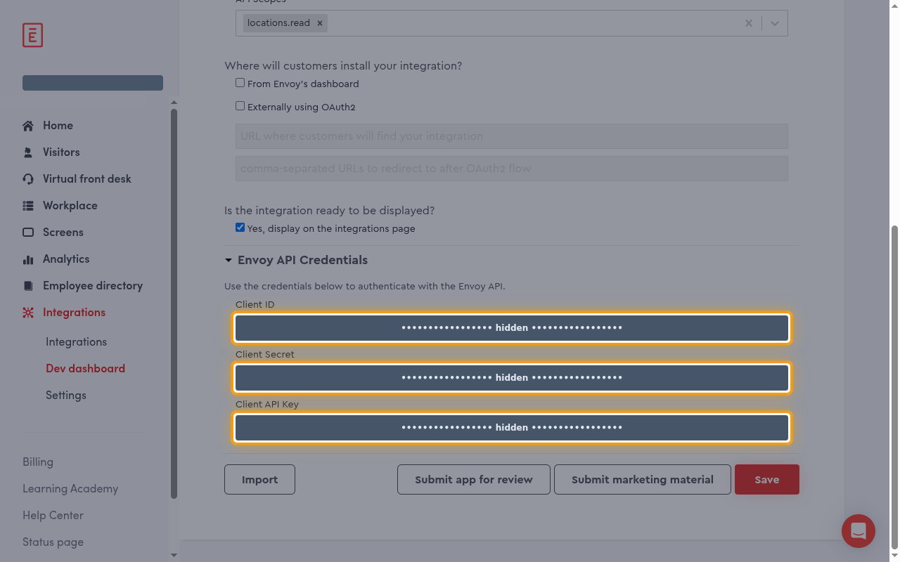 Envoy API Credentials section showing the Client ID, Client Secret, and Client API Key fields (values hidden)