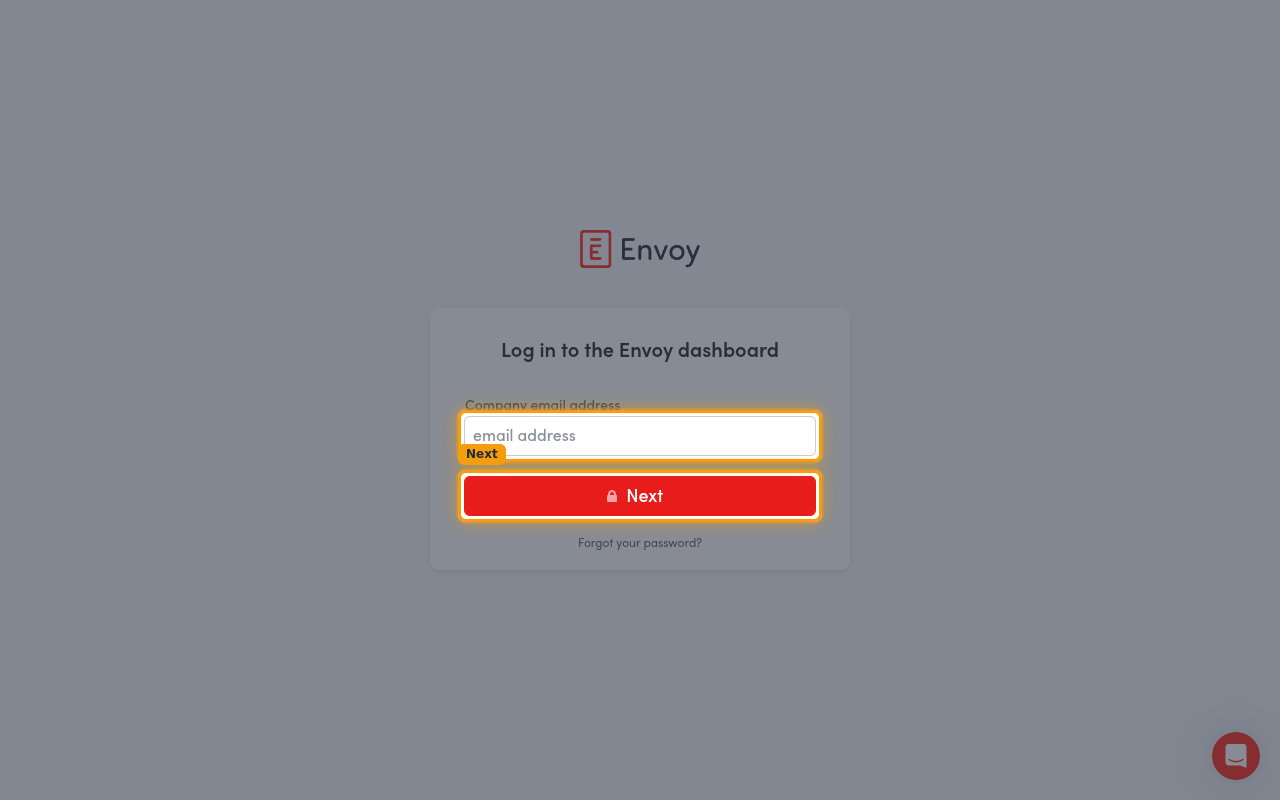 Envoy dashboard login screen with the Company email address field and Next button