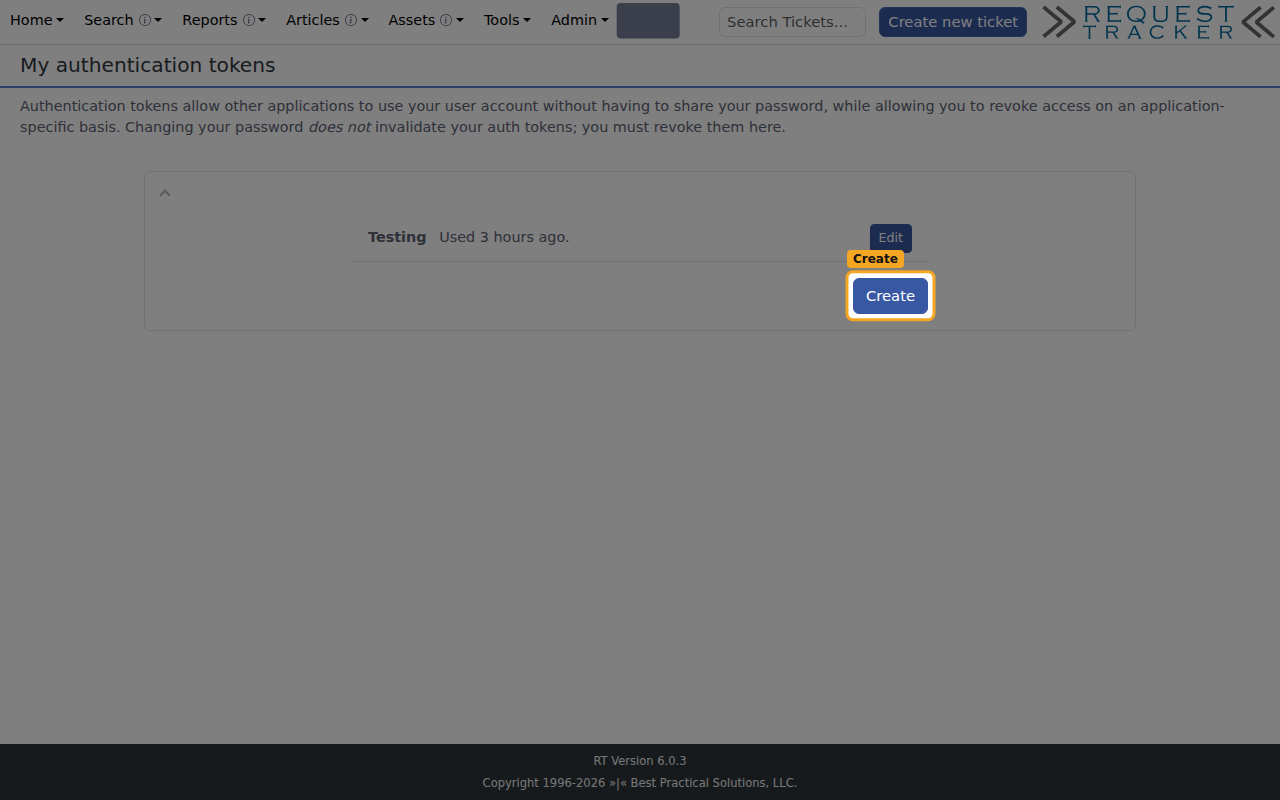 The My authentication tokens page with the Create button highlighted