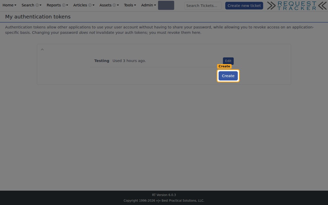 The My authentication tokens page with the Create button highlighted