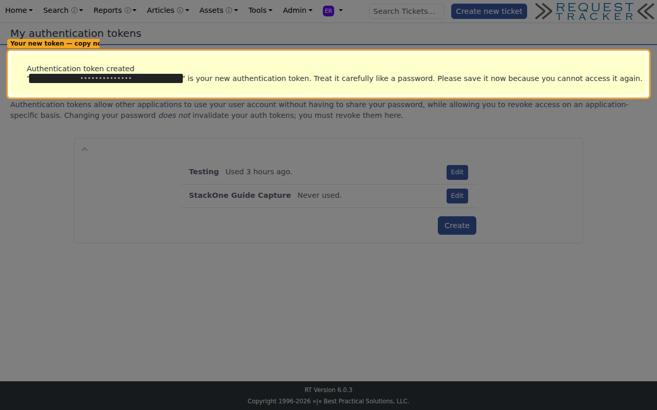 The Authentication token created message with the new token value redacted