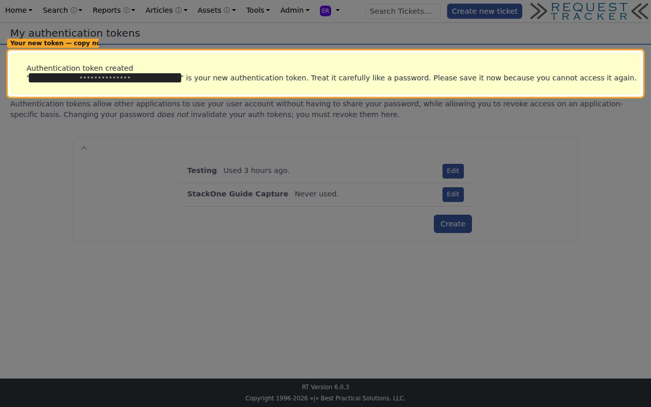 The Authentication token created message with the new token value redacted