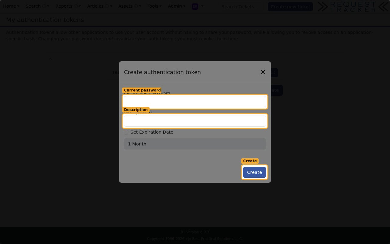 The Create authentication token dialog showing the current password field, Description field, Set Expiration Date option, and Create button