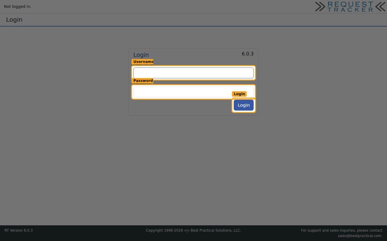 The Request Tracker Login screen with the Username, Password, and Login fields highlighted