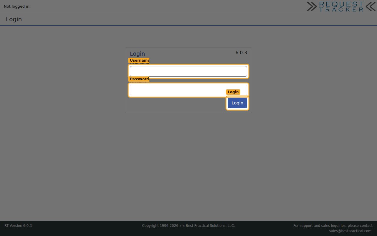 The Request Tracker Login screen with the Username, Password, and Login fields highlighted