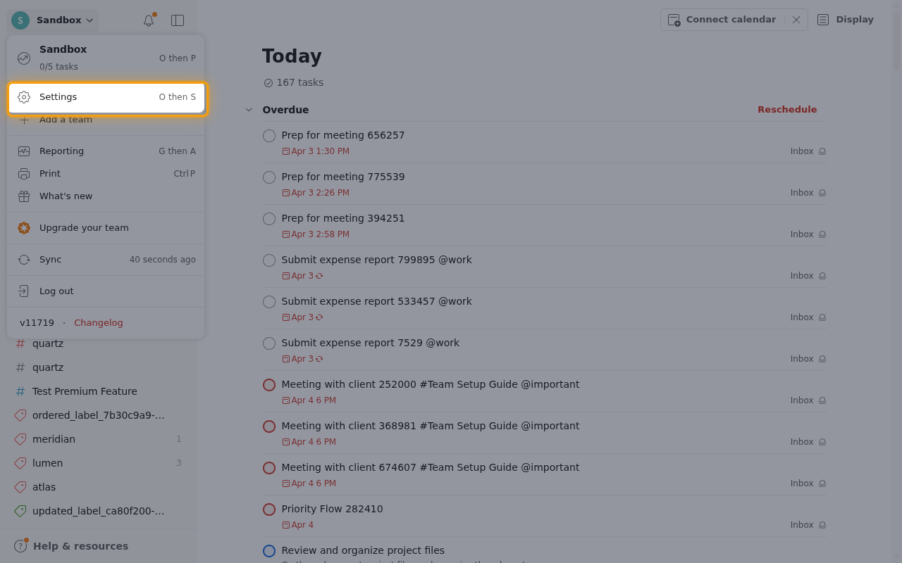 The Todoist account menu with the Settings item highlighted