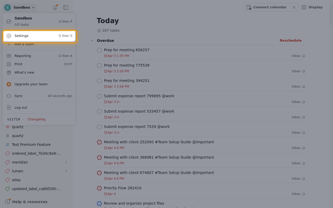 The Todoist account menu with the Settings item highlighted