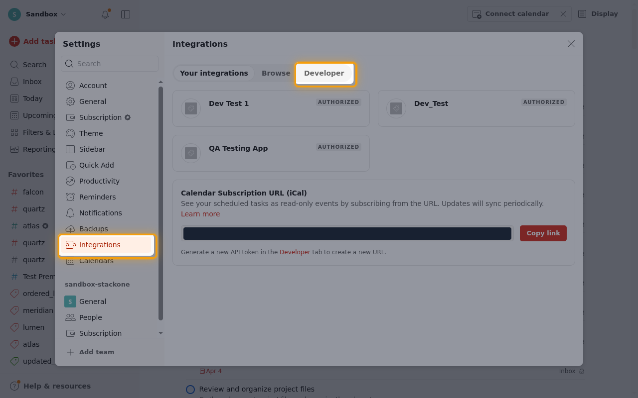 The Integrations settings page with the Integrations sidebar item and the Developer tab highlighted