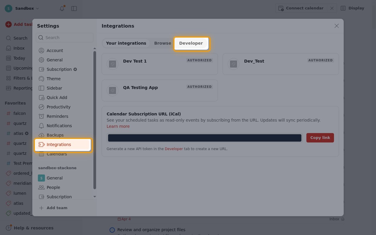 The Integrations settings page with the Integrations sidebar item and the Developer tab highlighted
