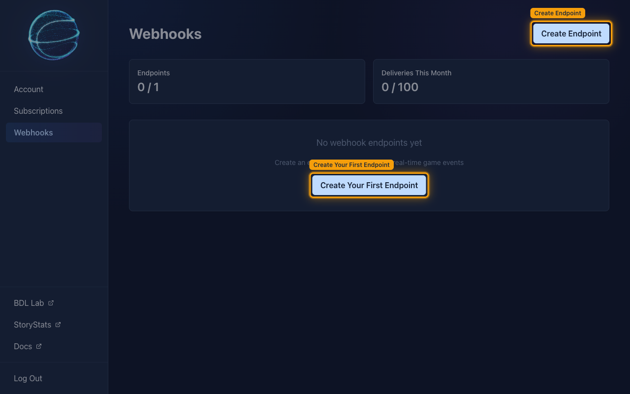 The Webhooks page with the Create Endpoint and Create Your First Endpoint buttons highlighted.