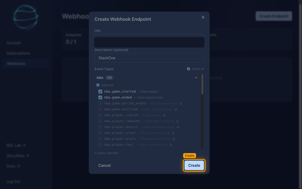 The completed Create Webhook Endpoint dialog reading 2 events selected, with the Create button highlighted and the URL value masked.