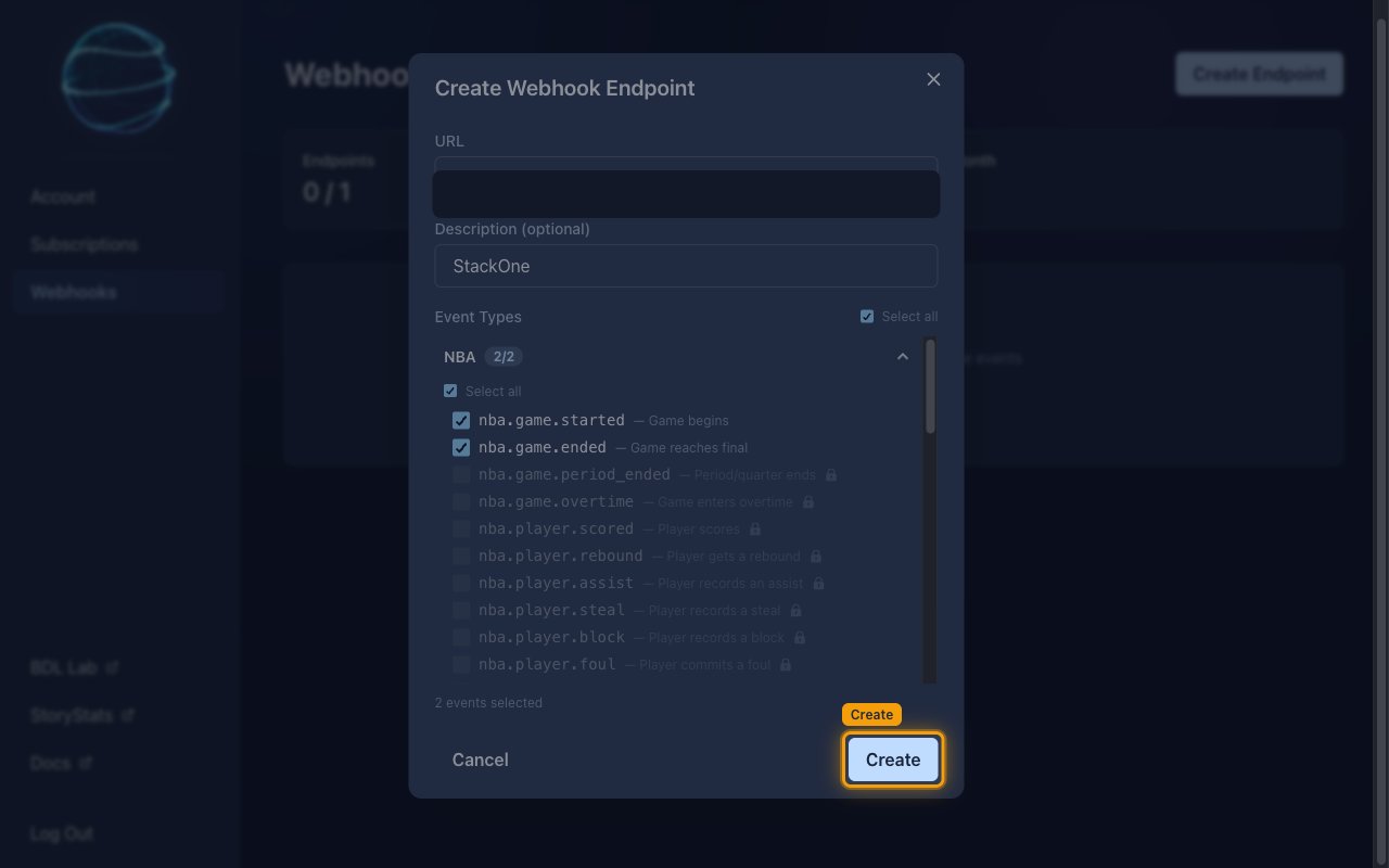 The completed Create Webhook Endpoint dialog reading 2 events selected, with the Create button highlighted and the URL value masked.