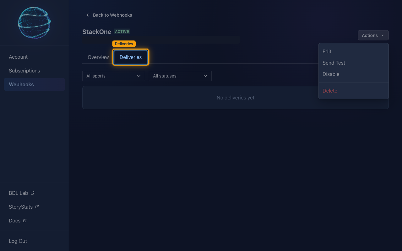 The endpoint Deliveries tab with the All sports and All statuses filters and the Deliveries tab highlighted.