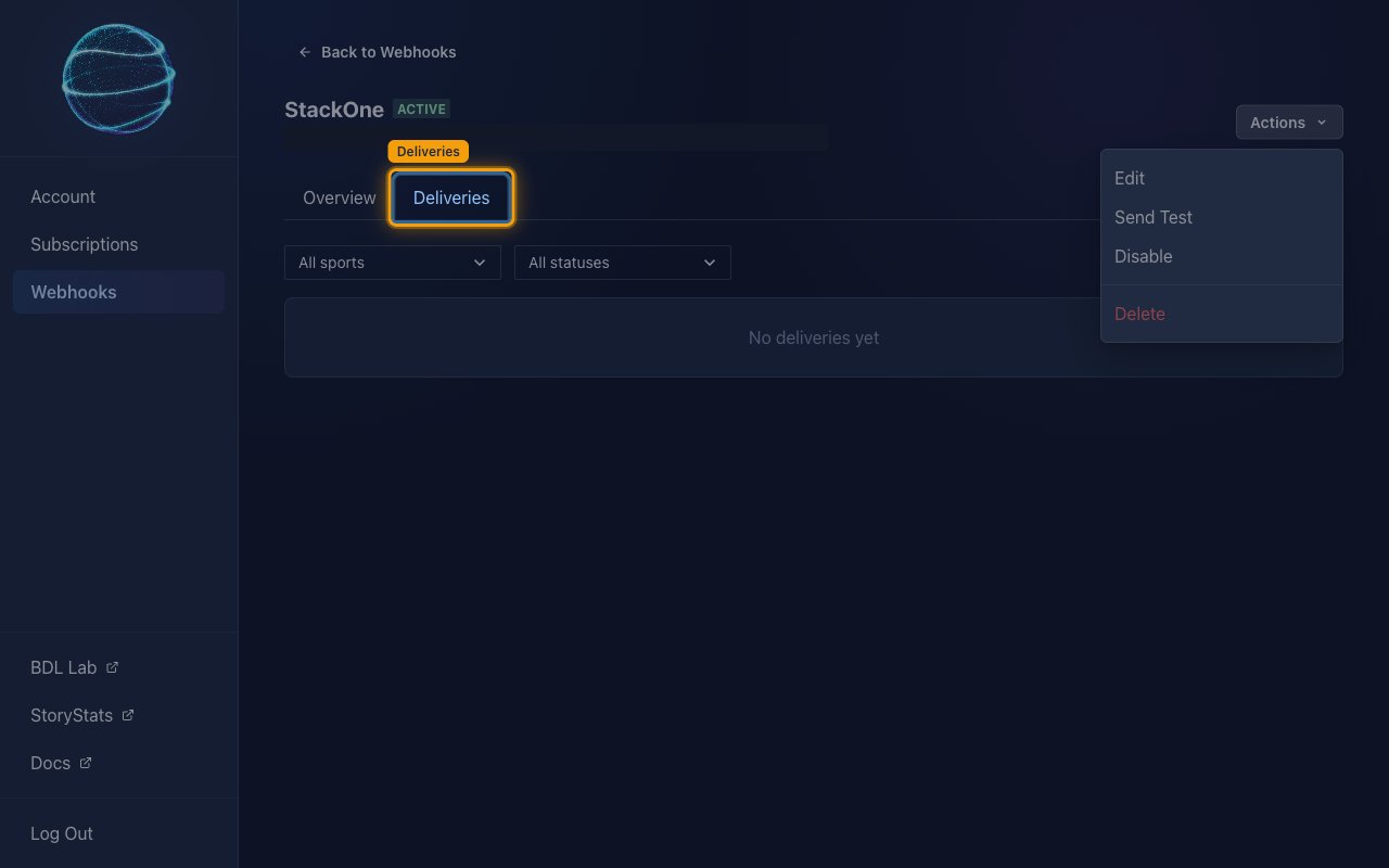 The endpoint Deliveries tab with the All sports and All statuses filters and the Deliveries tab highlighted.