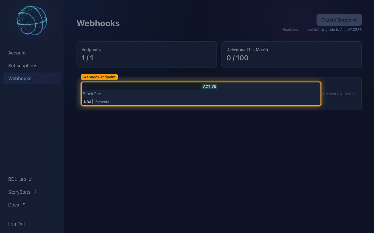 The Webhooks page listing the new Active endpoint, with the endpoint row highlighted and its URL masked.