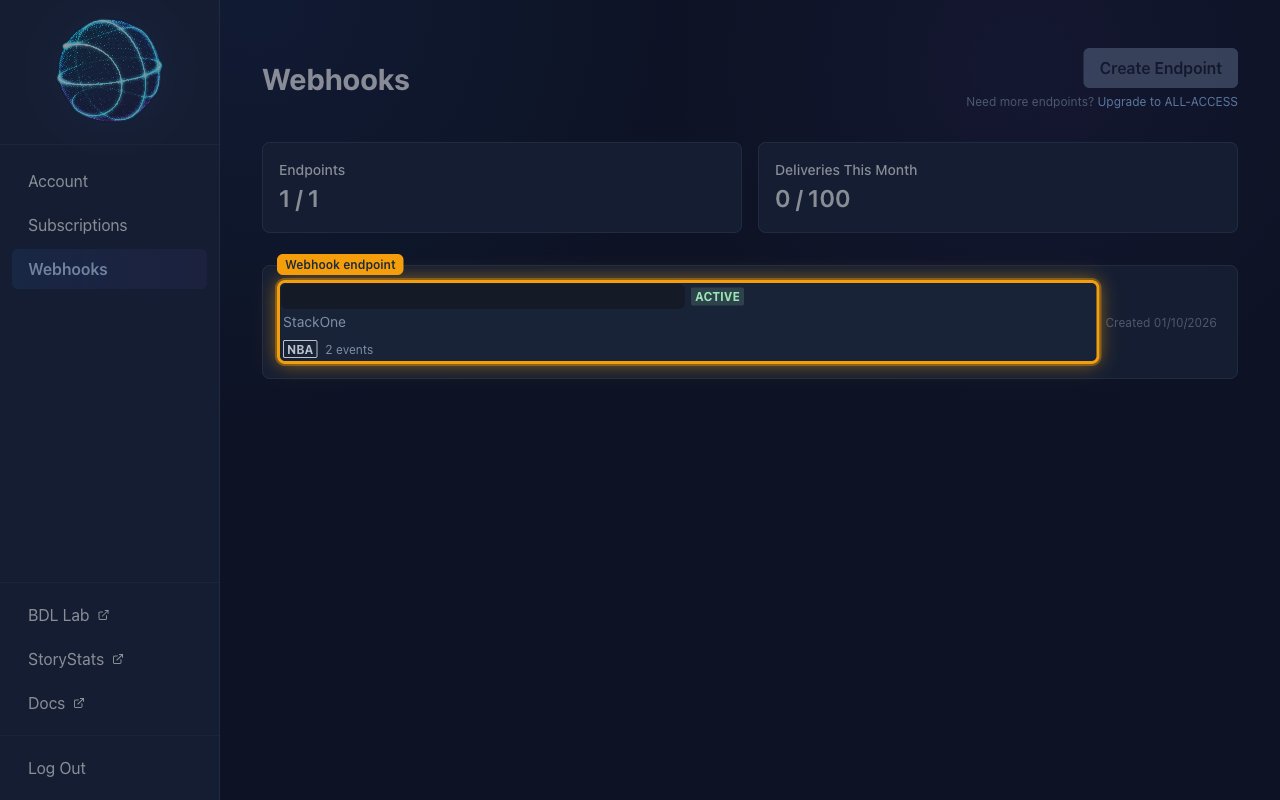 The Webhooks page listing the new Active endpoint, with the endpoint row highlighted and its URL masked.