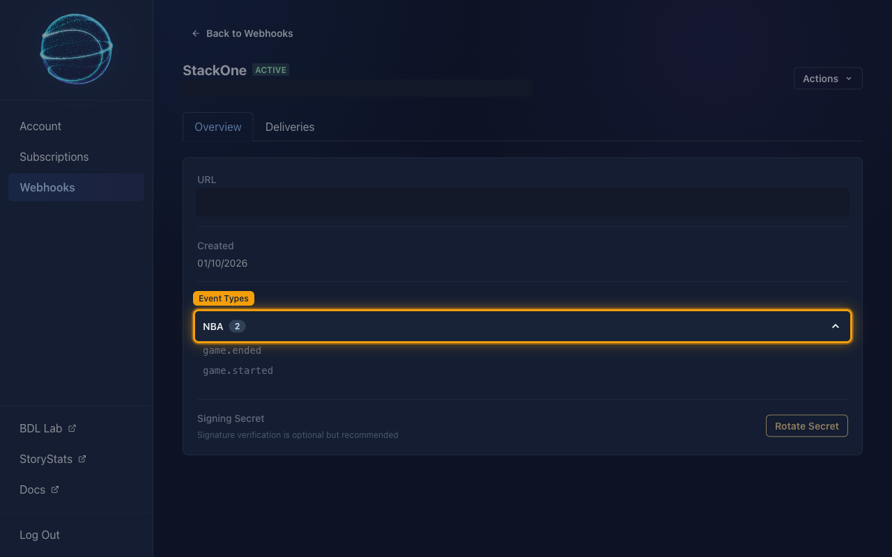 The endpoint Overview tab with Event Types expanded to show game.ended and game.started, and the URL masked.