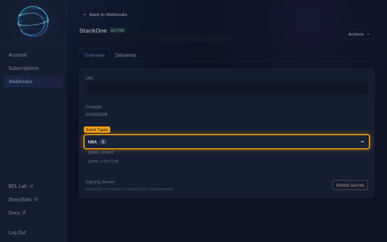 The endpoint Overview tab with Event Types expanded to show game.ended and game.started, and the URL masked.