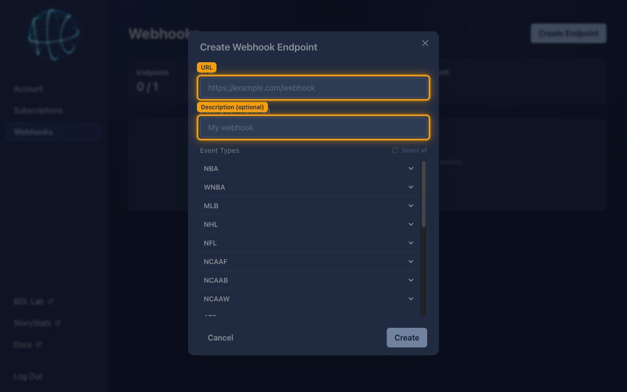 The Create Webhook Endpoint dialog with the URL and Description (optional) fields highlighted.