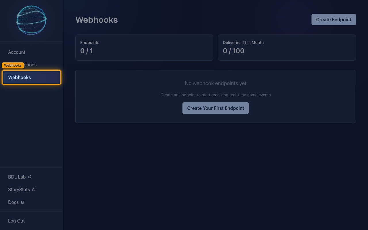 The BALLDONTLIE Webhooks page with the Webhooks sidebar entry highlighted.
