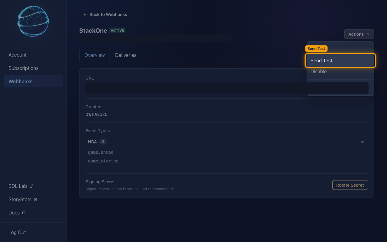 The endpoint page with the Actions menu open and Send Test highlighted.