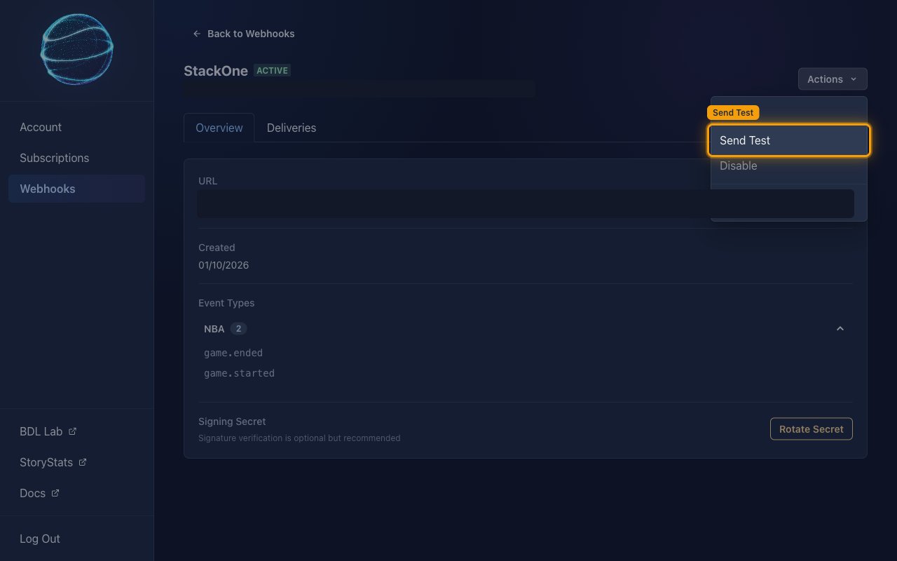 The endpoint page with the Actions menu open and Send Test highlighted.