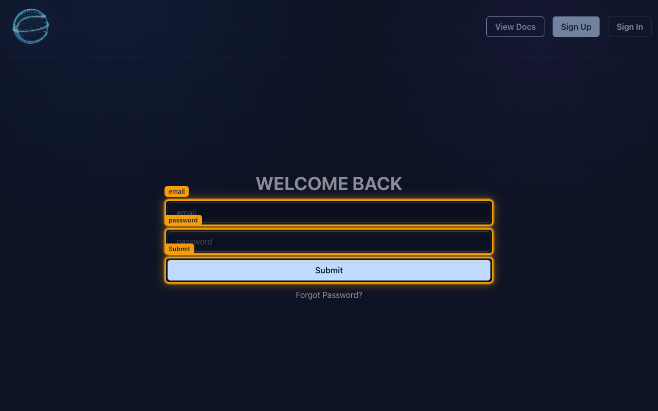 The BALLDONTLIE WELCOME BACK screen with the email and password fields and the Submit button highlighted.