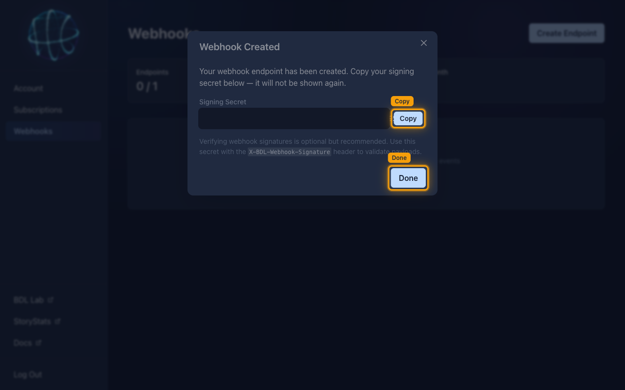 The Webhook Created dialog with the Copy and Done buttons highlighted and the signing secret value masked.