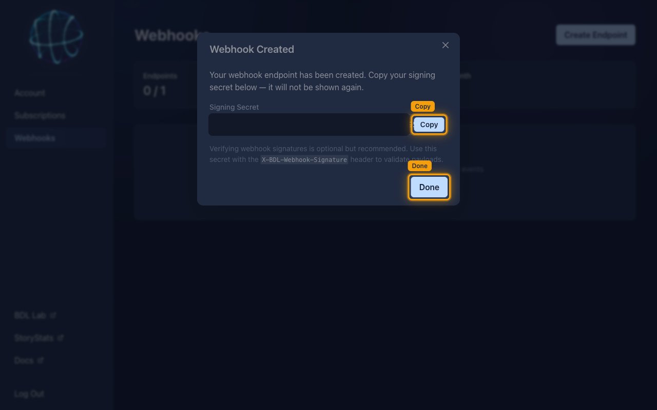 The Webhook Created dialog with the Copy and Done buttons highlighted and the signing secret value masked.