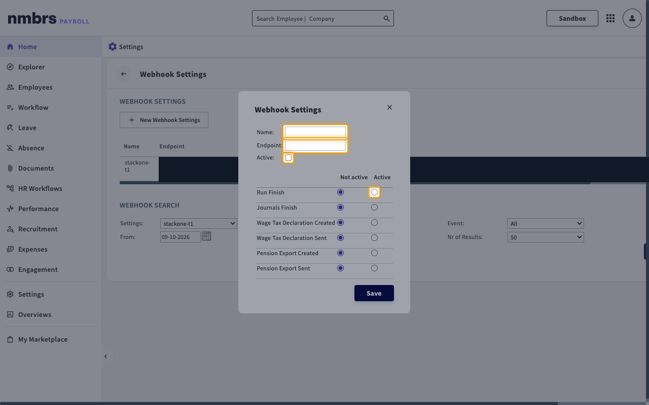 Webhook Settings dialog with the Name, Endpoint and Active fields and the list of selectable events.