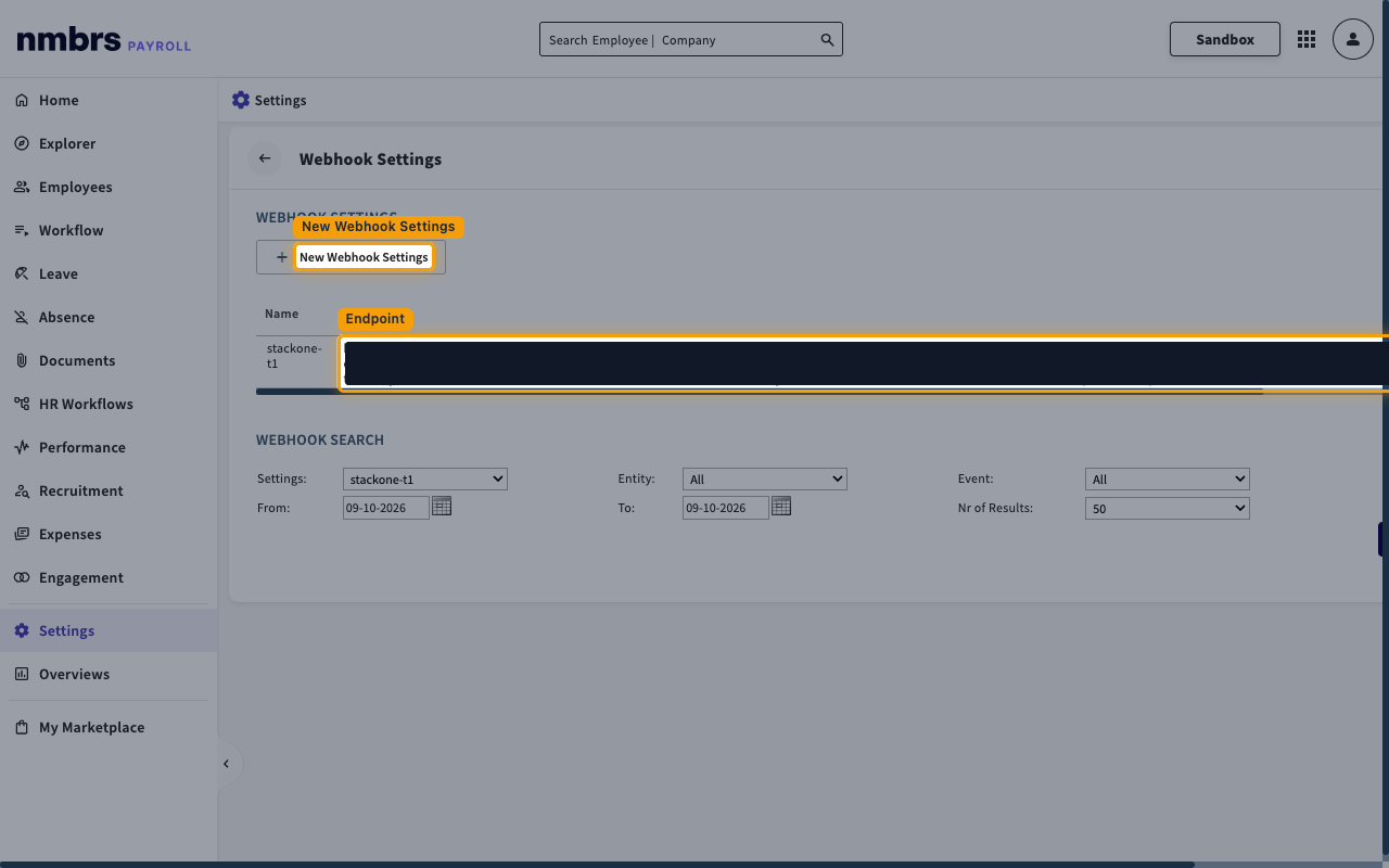 Nmbrs Webhook Settings page listing configured webhooks with the New Webhook Settings button.