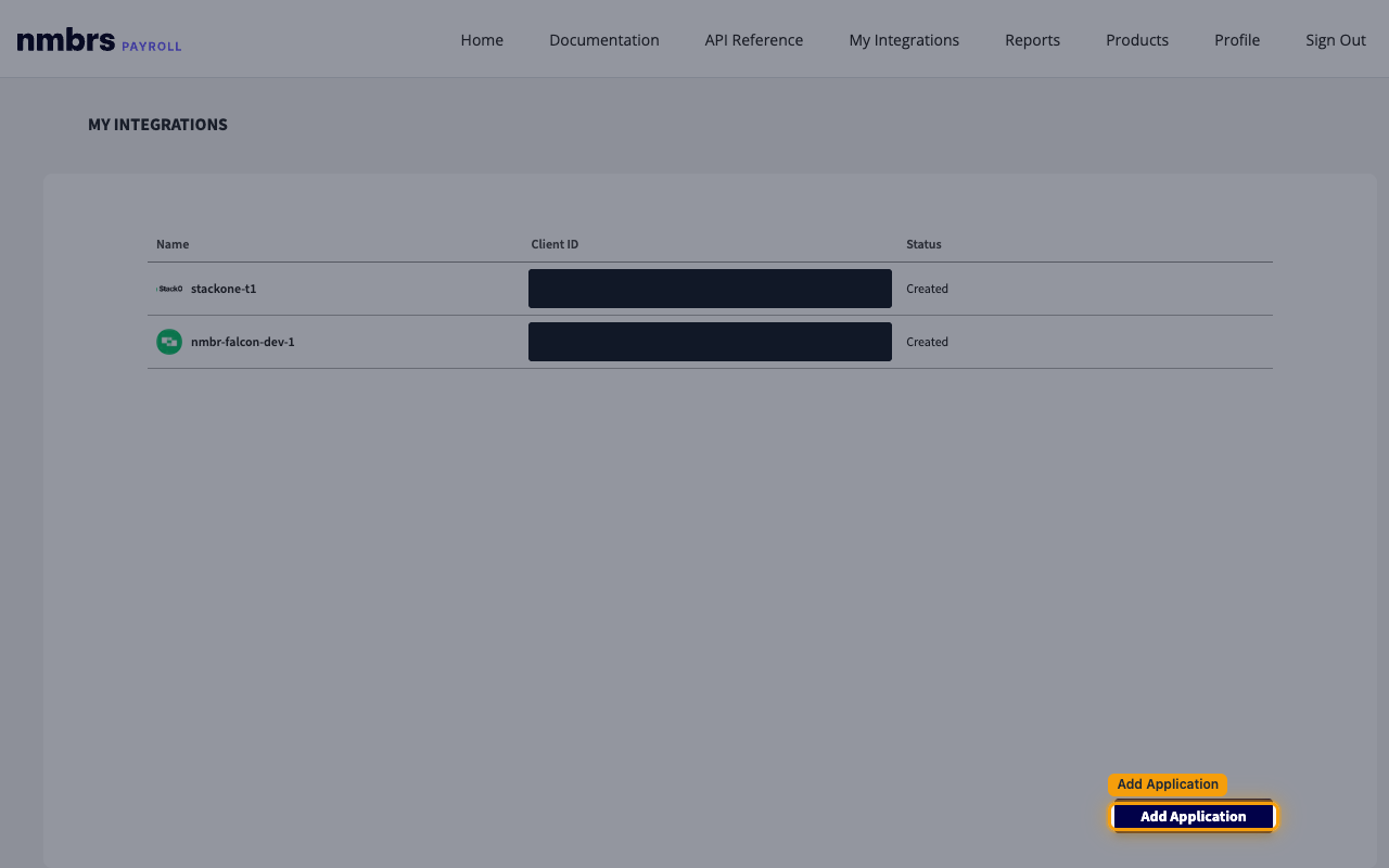 My Integrations page listing existing applications with the Add Application button.