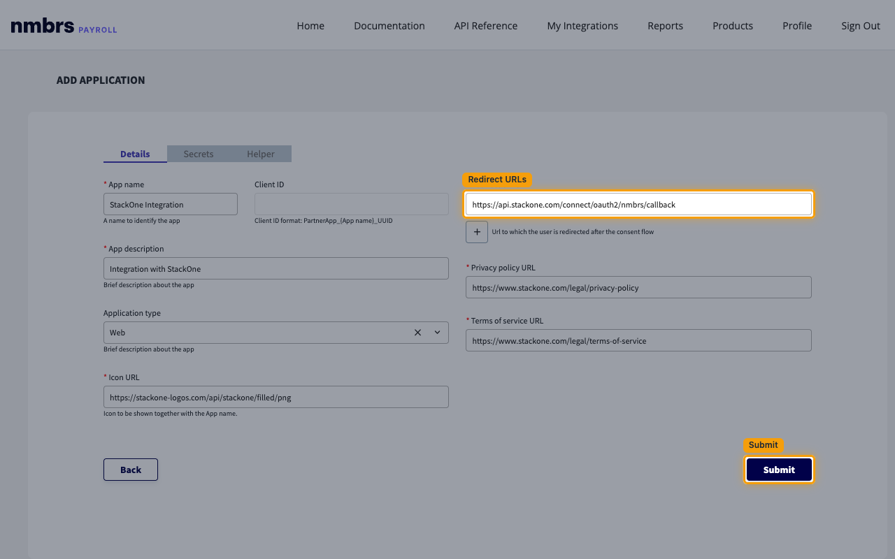 Add Application form showing the App name, App description, Icon URL, Redirect URLs, Privacy policy URL and Terms of service URL fields.