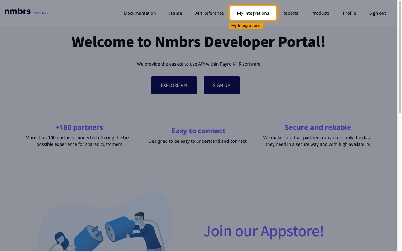 Nmbrs Payroll Developer Portal navigation with My Integrations selected.