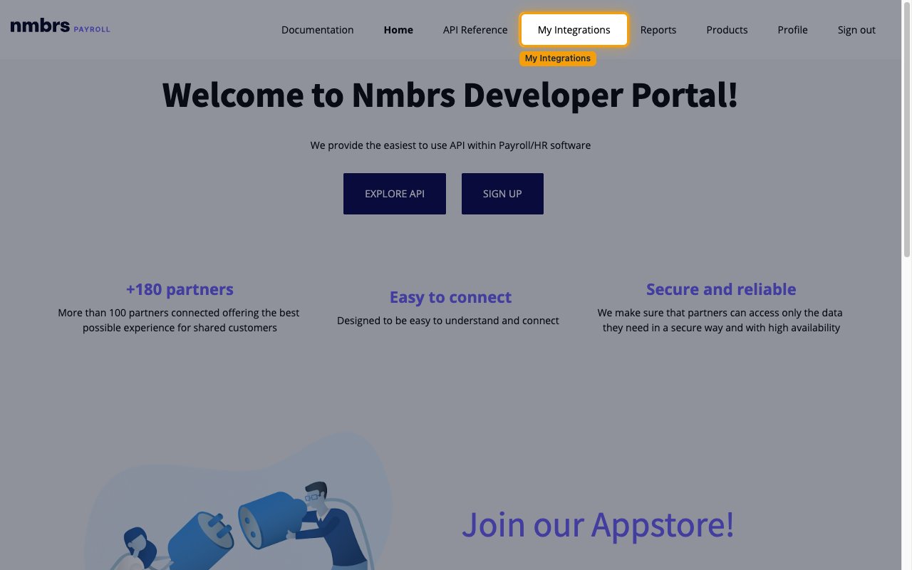 Nmbrs Payroll Developer Portal navigation with My Integrations selected.