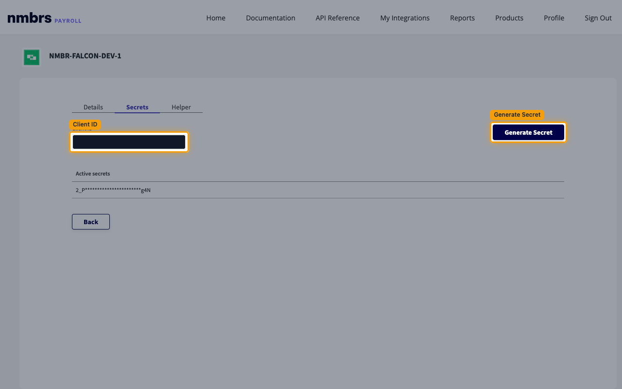 Secrets tab of an integration showing the Client ID field, the Generate Secret button and the Active secrets list.