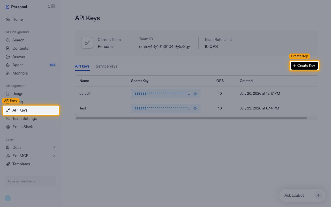 The API Keys page showing the API keys tab, the Create Key button, and the existing keys table.