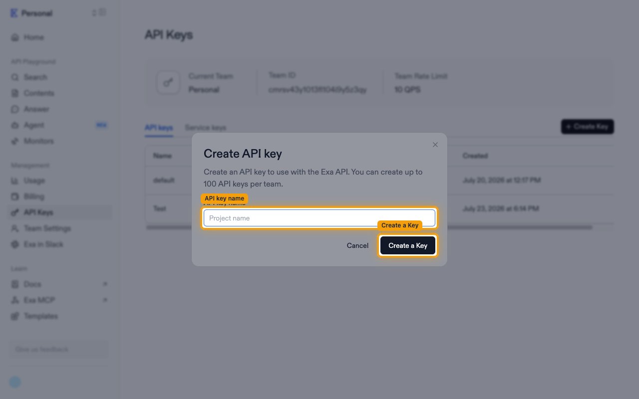 The Create API key dialog with the API key name field and the Create a Key button.