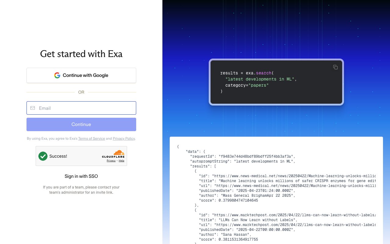 Exa "Get started with Exa" sign-in screen with Continue with Google, Email, and Sign in with SSO options.