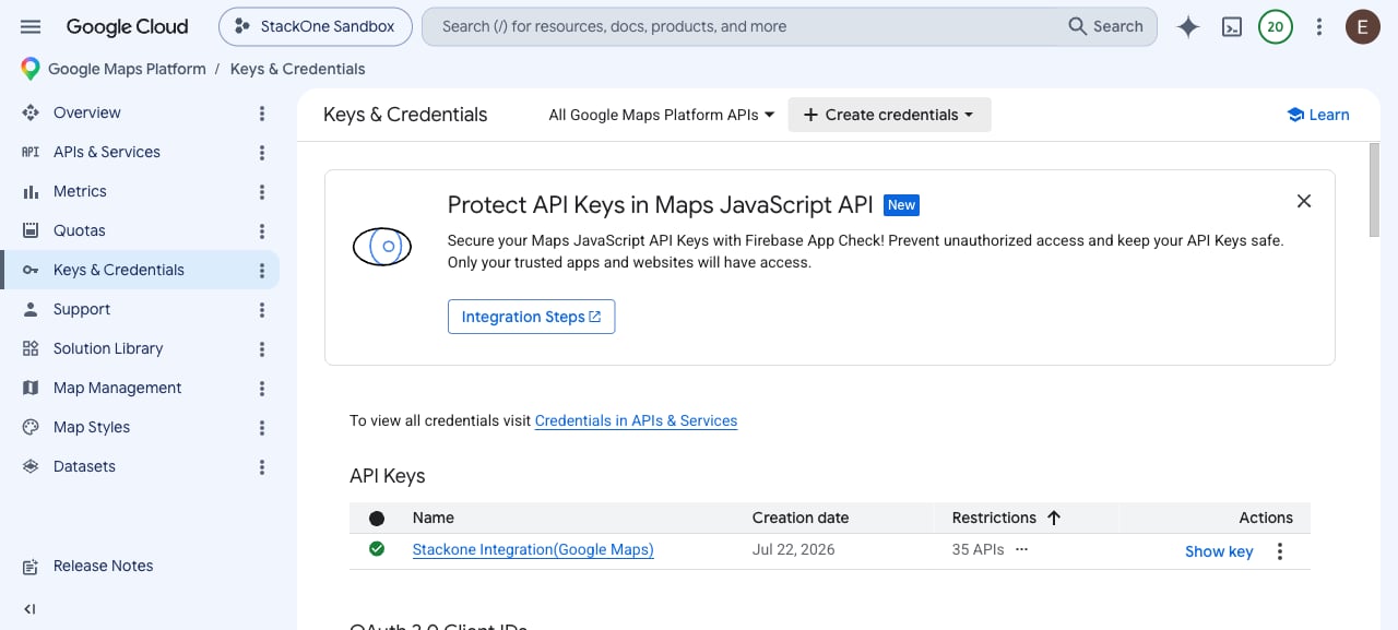 Google Maps Platform Keys & Credentials page with the Create credentials button in the toolbar