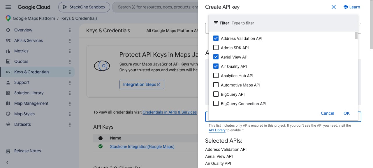 Select API restrictions dropdown showing the checkbox list of APIs with a Filter box and OK button