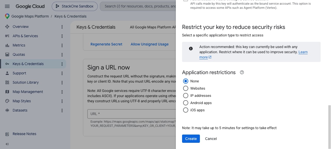 Application restrictions section with None selected and the Create button