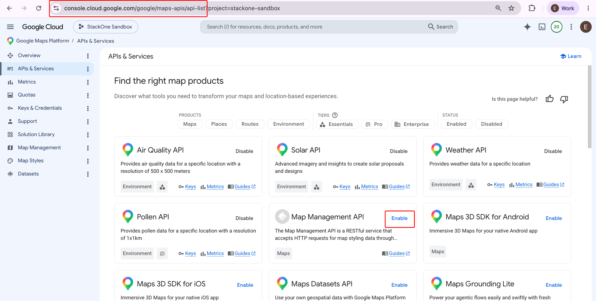 Google Maps Platform APIs & Services page listing the map product APIs, each with an Enable or Disable button