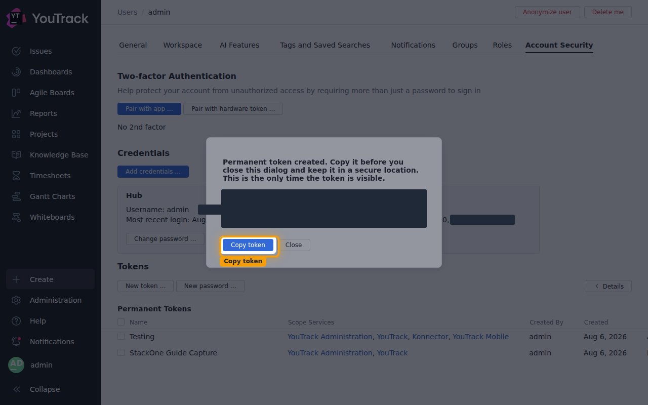 The token-created dialog with the token value hidden and the Copy token button highlighted.