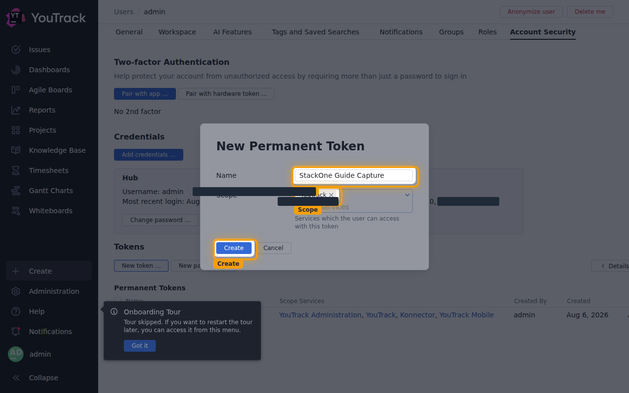 The New Permanent Token dialog with the Name field, the Scope set to YouTrack, and the Create button highlighted.