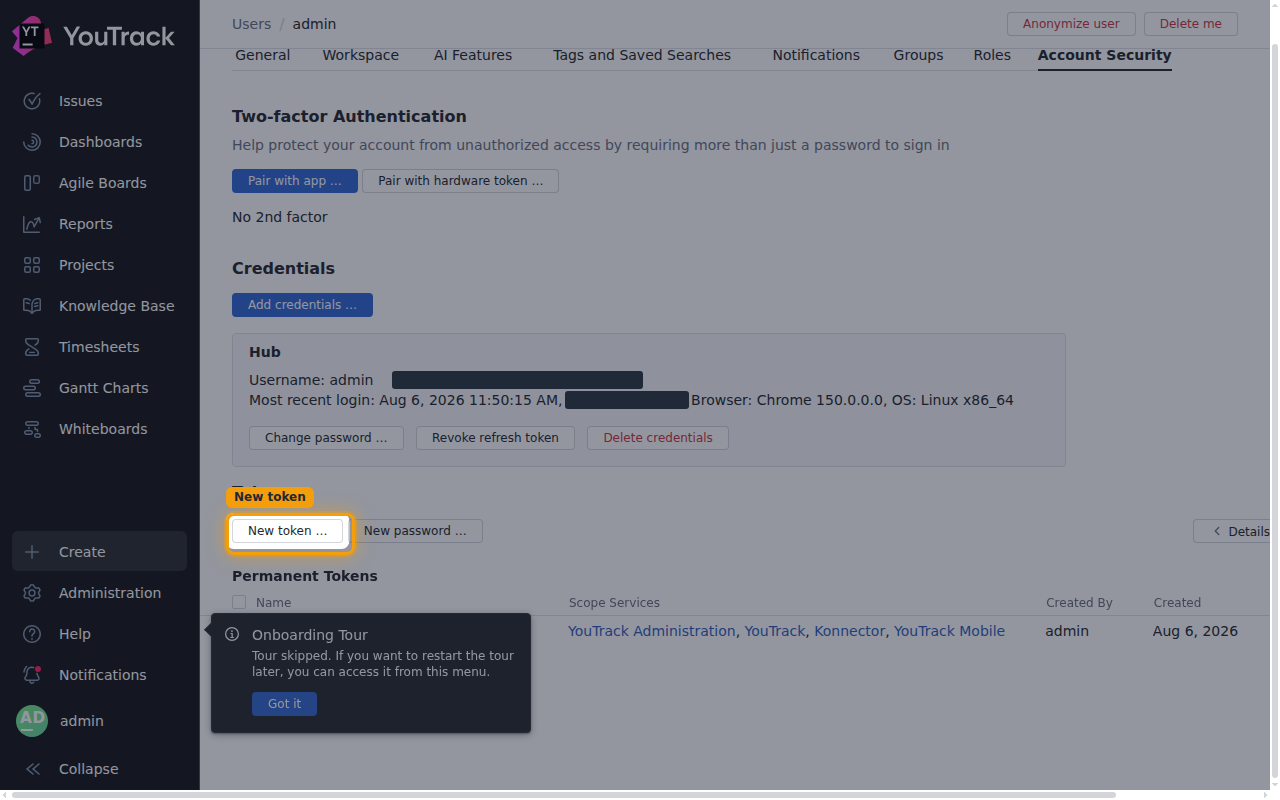 The Account Security tab with the New token button highlighted in the Tokens section.