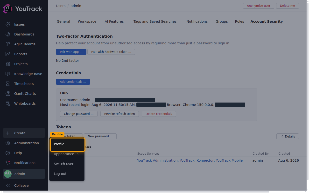 The user avatar menu open in the sidebar with the Profile option highlighted.
