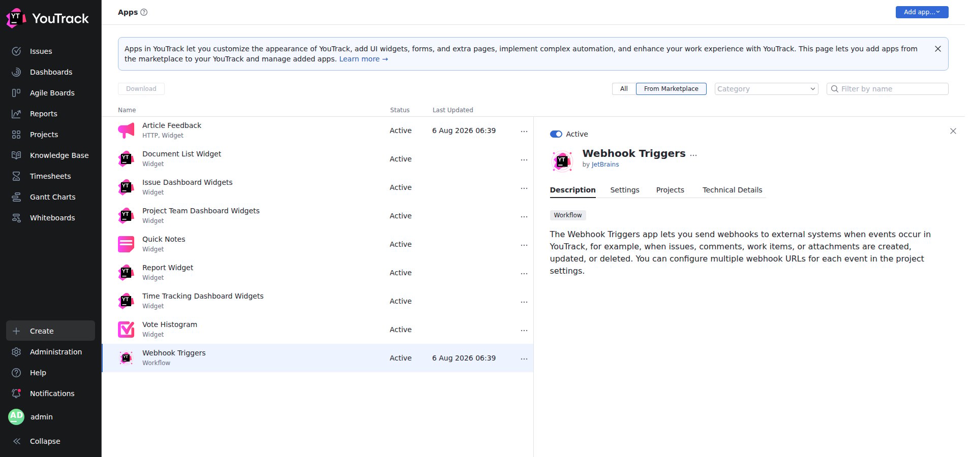 The Administration Apps page with Webhook Triggers selected, showing its Description tab and the by JetBrains author line.