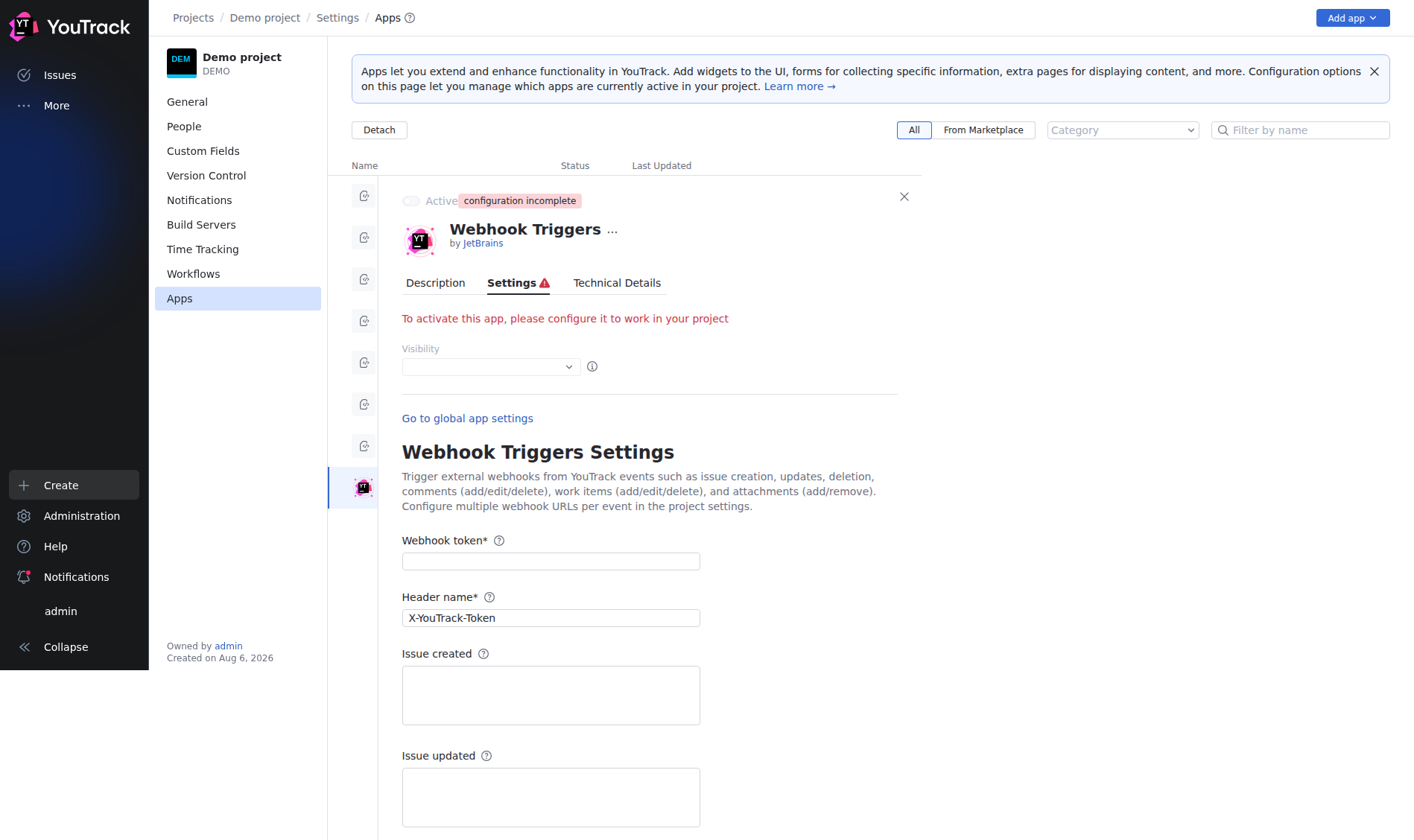 The project-level Webhook Triggers Settings tab showing the Webhook token and Header name fields followed by a URL field per event.