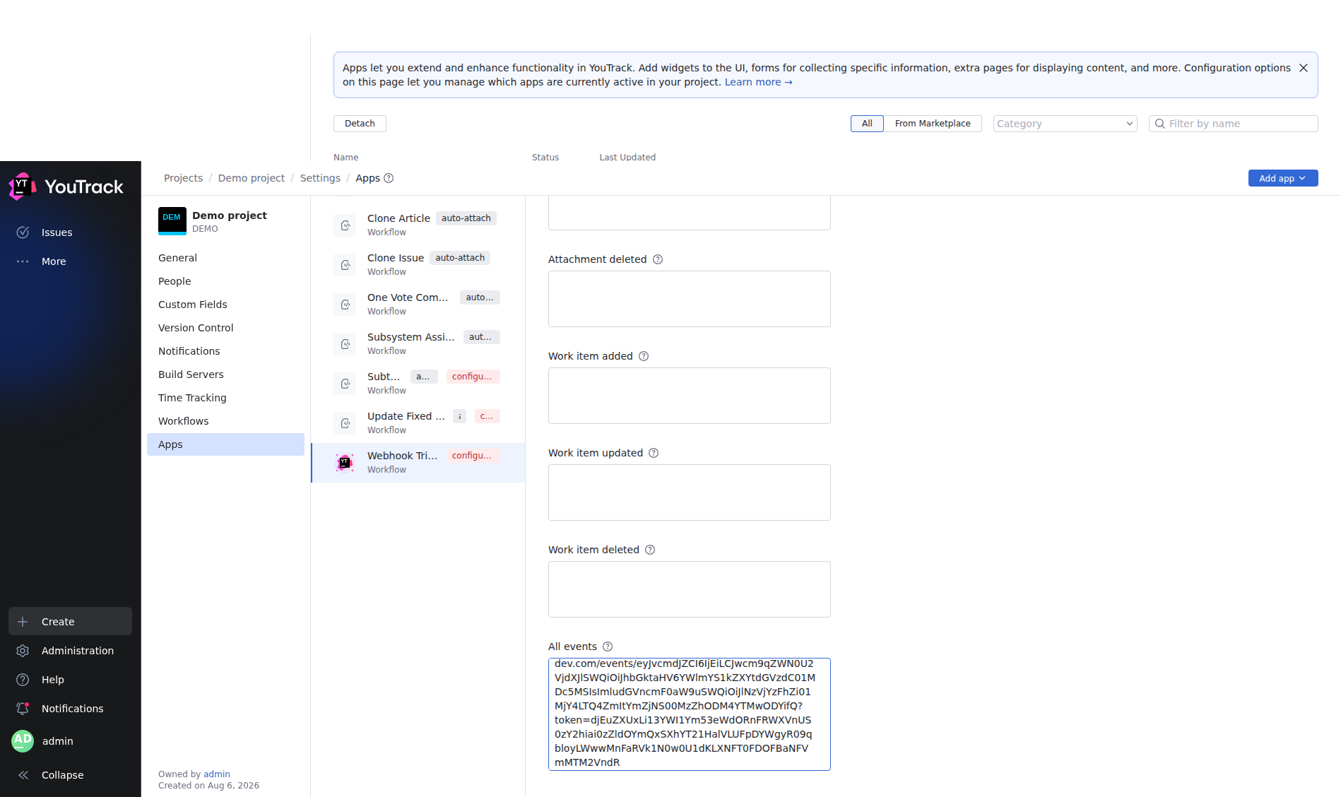The Webhook Triggers Settings form with the Webhook token set and the StackOne URL pasted into the All events field.